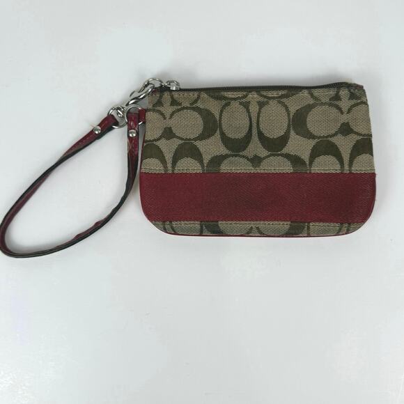 Coach Small Wristlet Signature Logo Tan Red Canvas Wrist Wallet Zipper - Picture 6 of 8